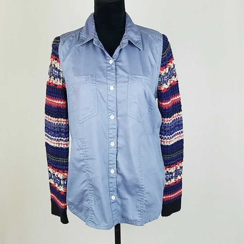 We The Free People women M denim button down sweater knit sleeves grungecore top